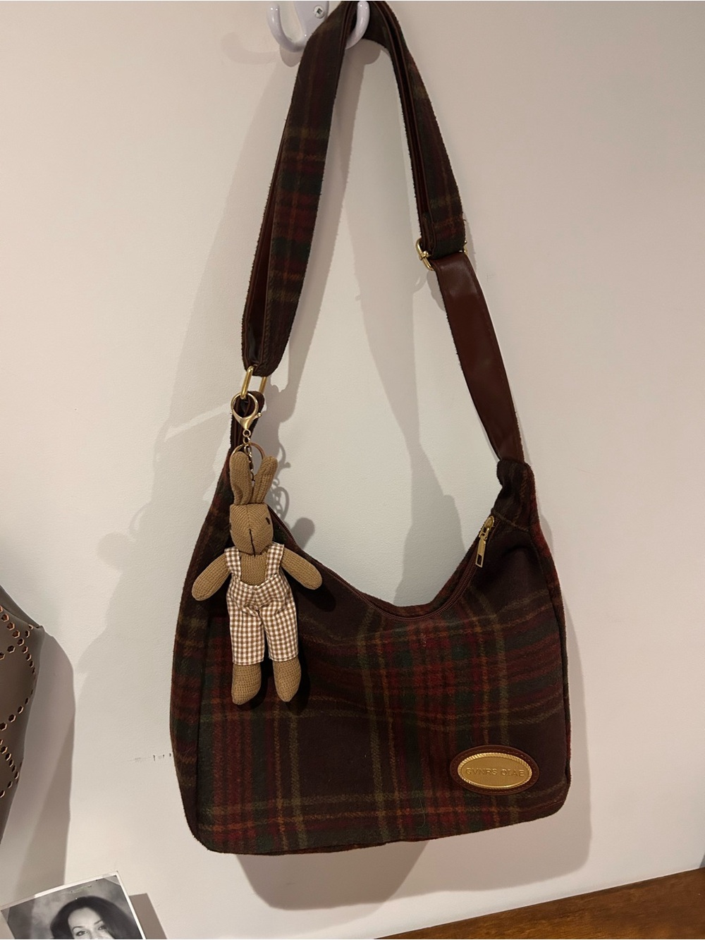 Plaid Hobo Shoulder Bag with Bunny Charm - Brown & Red